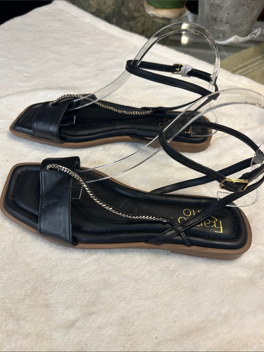 Franco Sarto Black Leather Chain-Detail Ankle-Strap Sandals - Picture 2 of 5